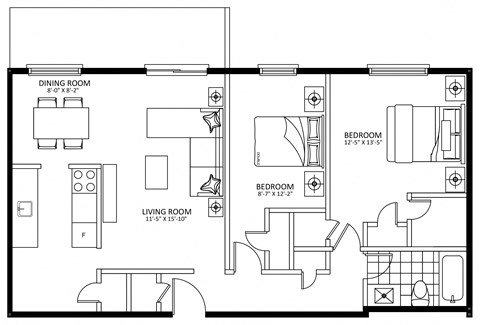 Floor plan for 2 beds, 1 bath, 940 sqft